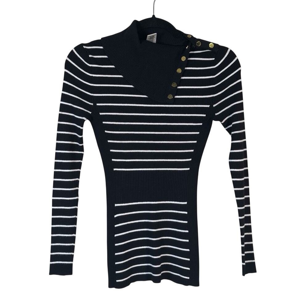 Cache Vintage 90s Black White Striped Sweater Womens XS Nautical Stretch Casual
